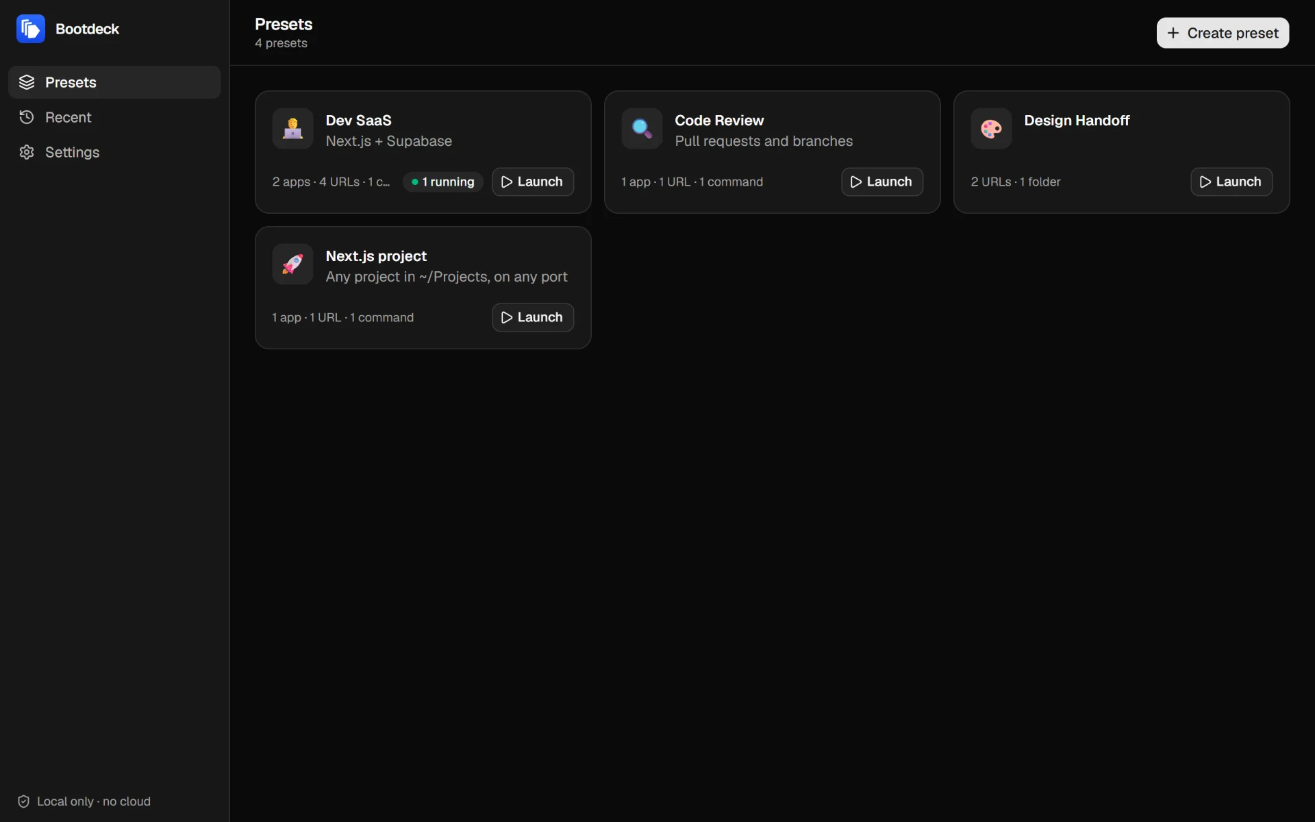 The list of presets in Bootdeck: Dev SaaS, Code Review, Design Handoff and Next.js project, with 1 running on Dev SaaS.